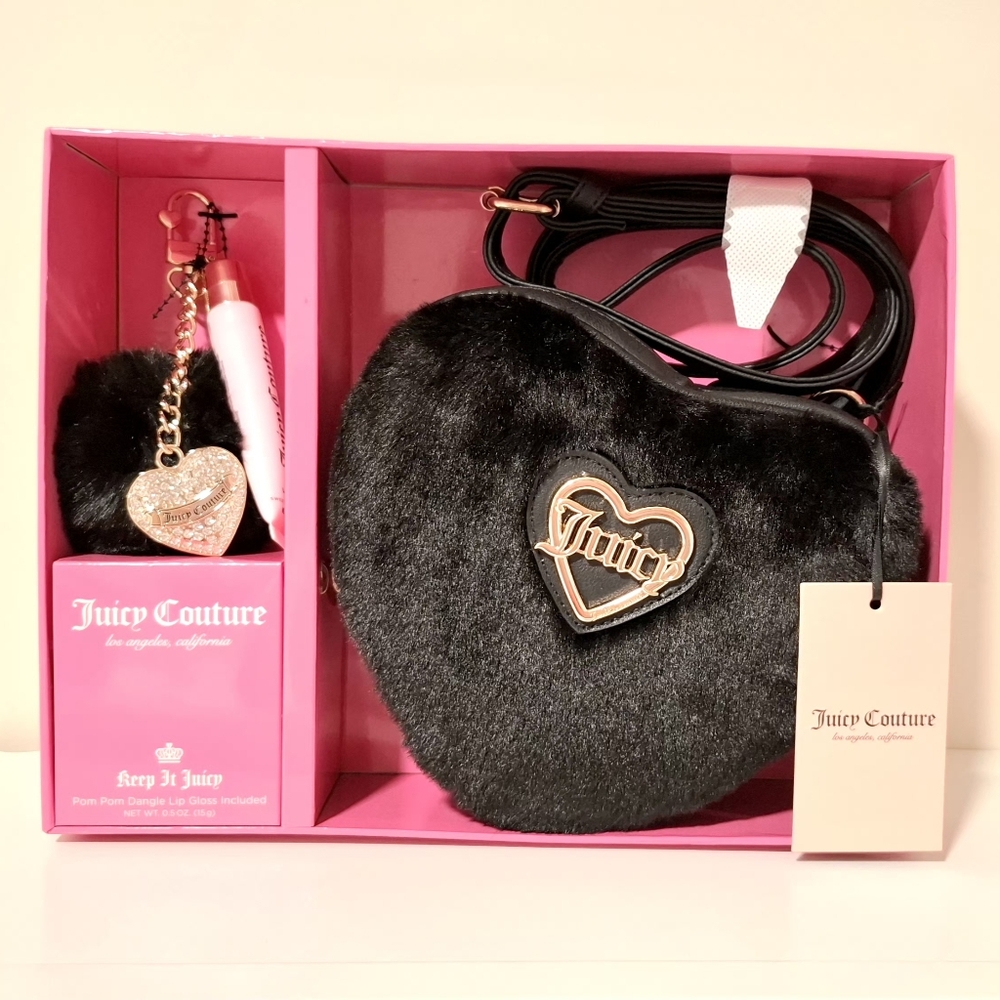 New💕Juicy Couture Black Heart Crossbody & Lip Gloss Pom Pom Gift Set